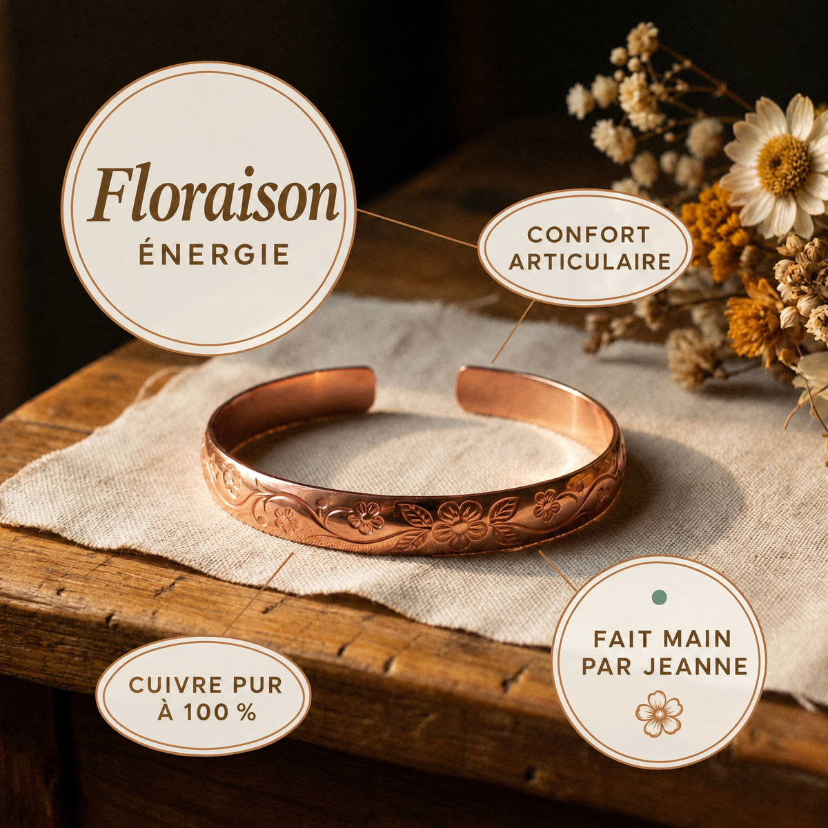 Bracelet en cuivre Floraison