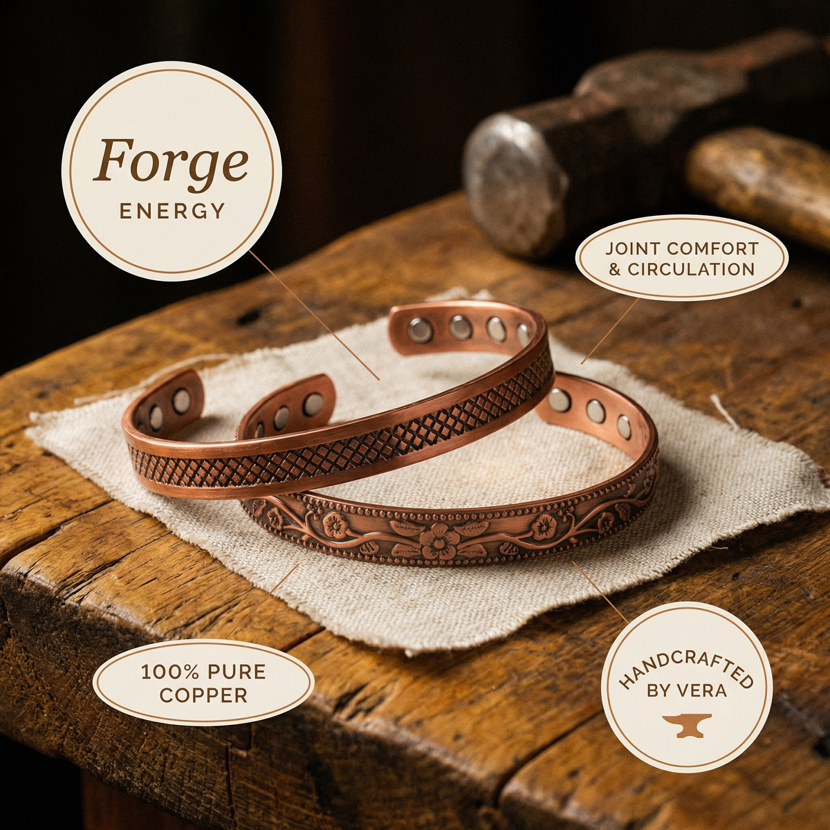 Lot de 2 bracelets en cuivre Forge