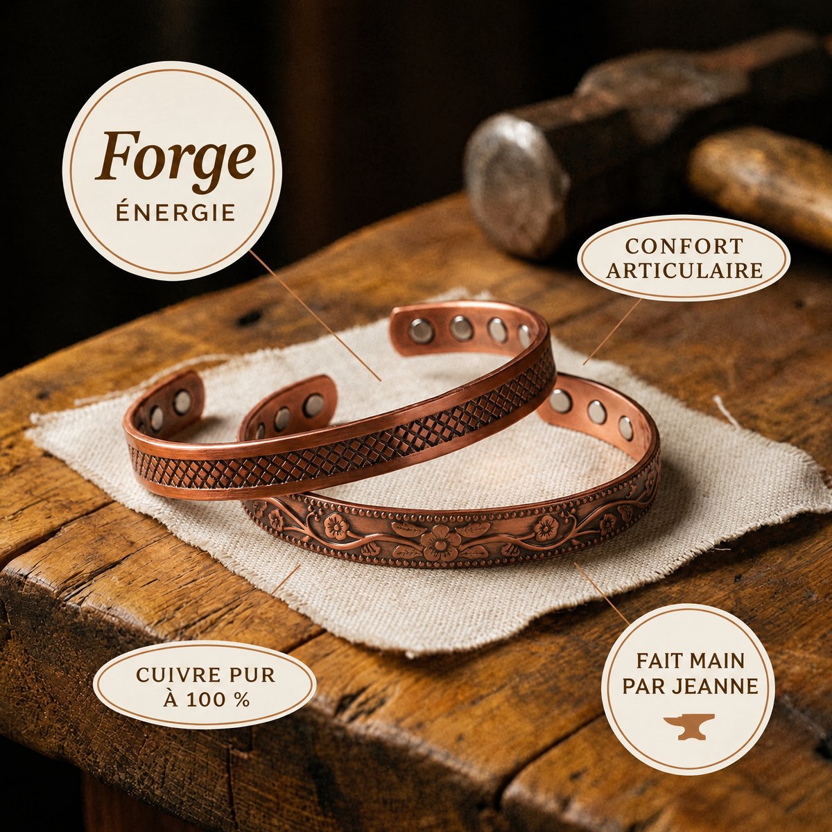 Lot de 2 bracelets en cuivre Forge