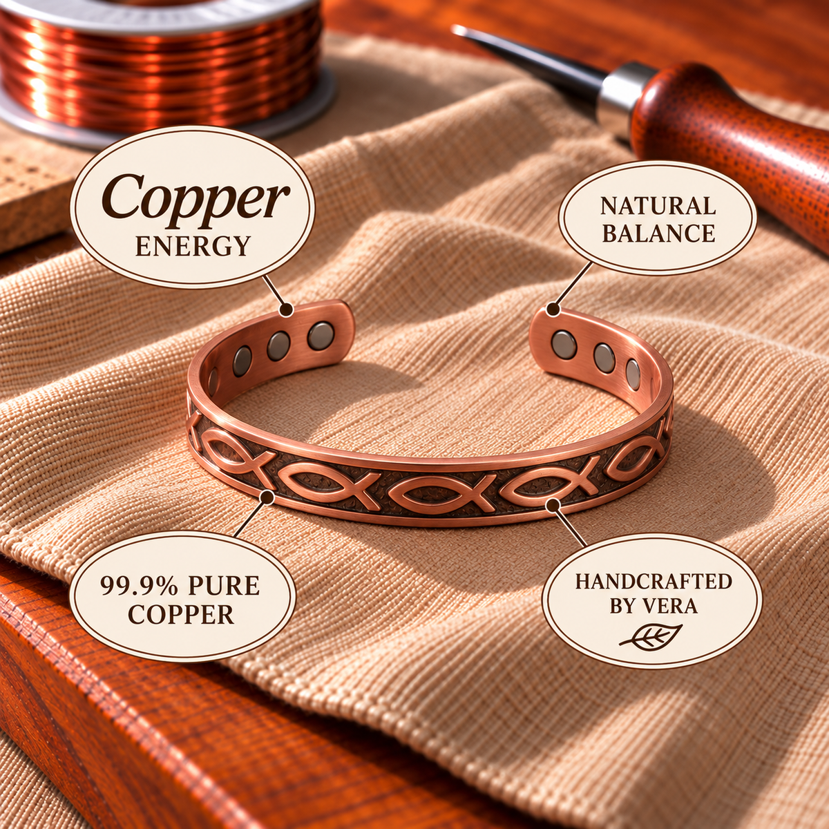 Bracelet magnétique en cuivre Ichthys