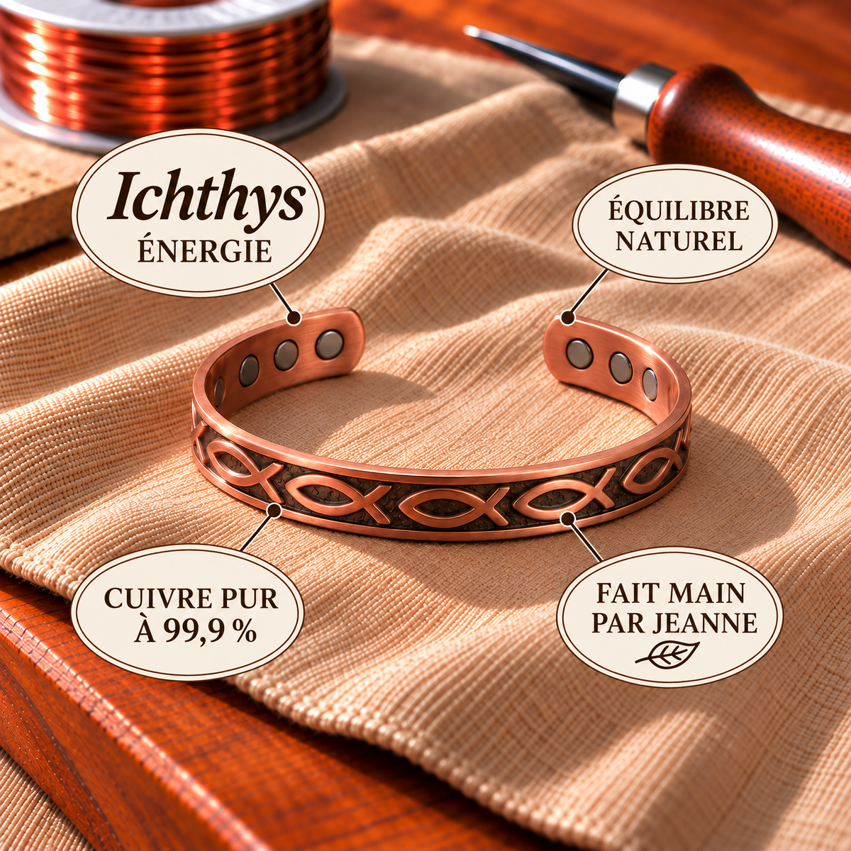 Bracelet magnétique en cuivre Ichthys
