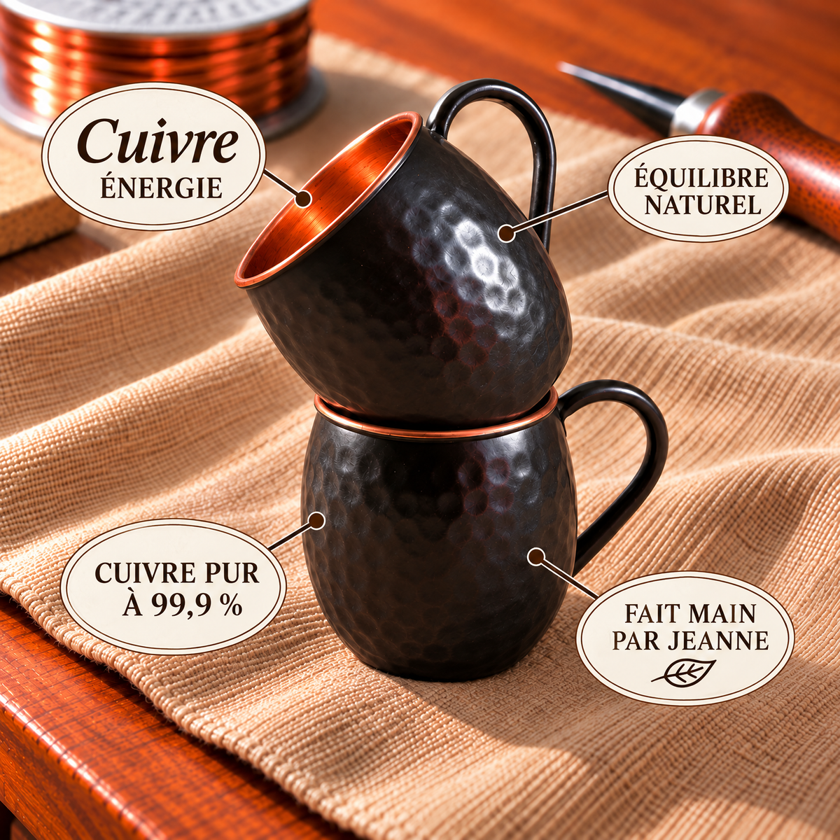Tasses Moscow Mule noires en cuivre