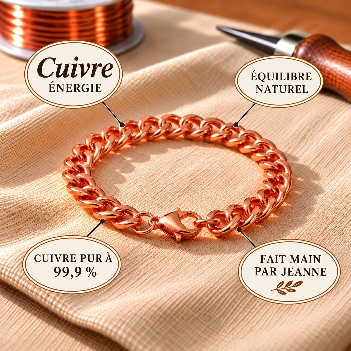 Bracelet manchette homme en cuivre pur Cuffo