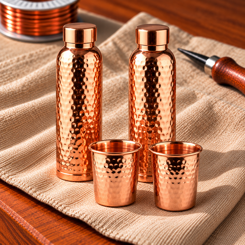 Coffret cadeau en cuivre martelé – 2 bouteilles et 2 tasses