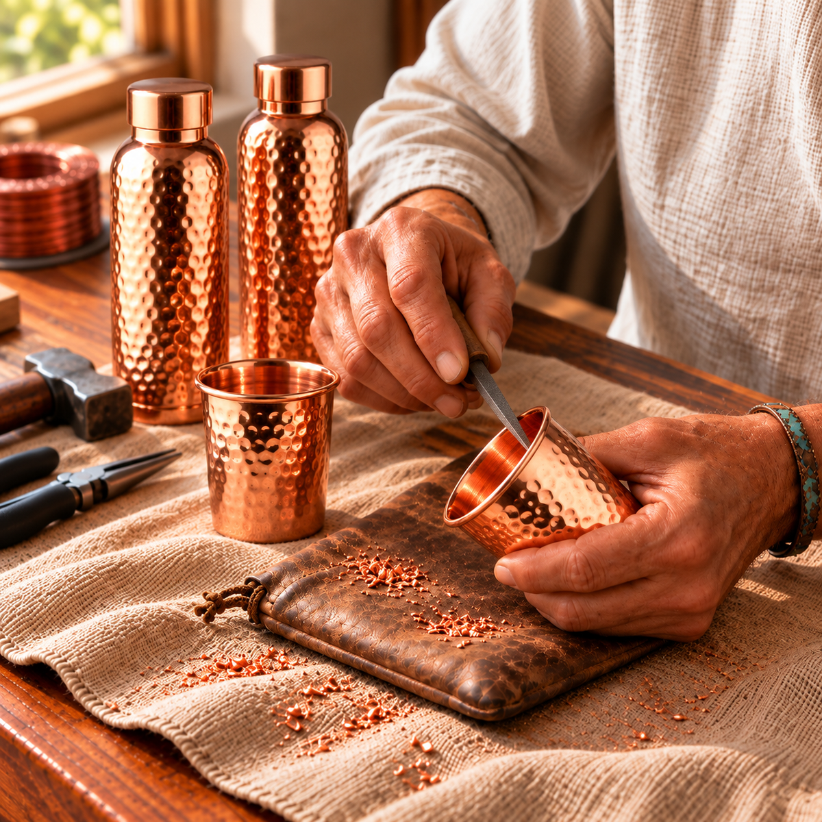 Coffret cadeau en cuivre martelé – 2 bouteilles et 2 tasses