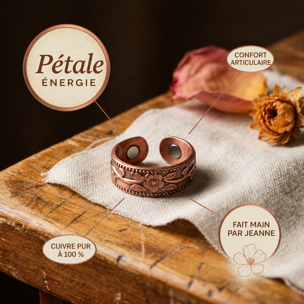Bague en cuivre Pétale