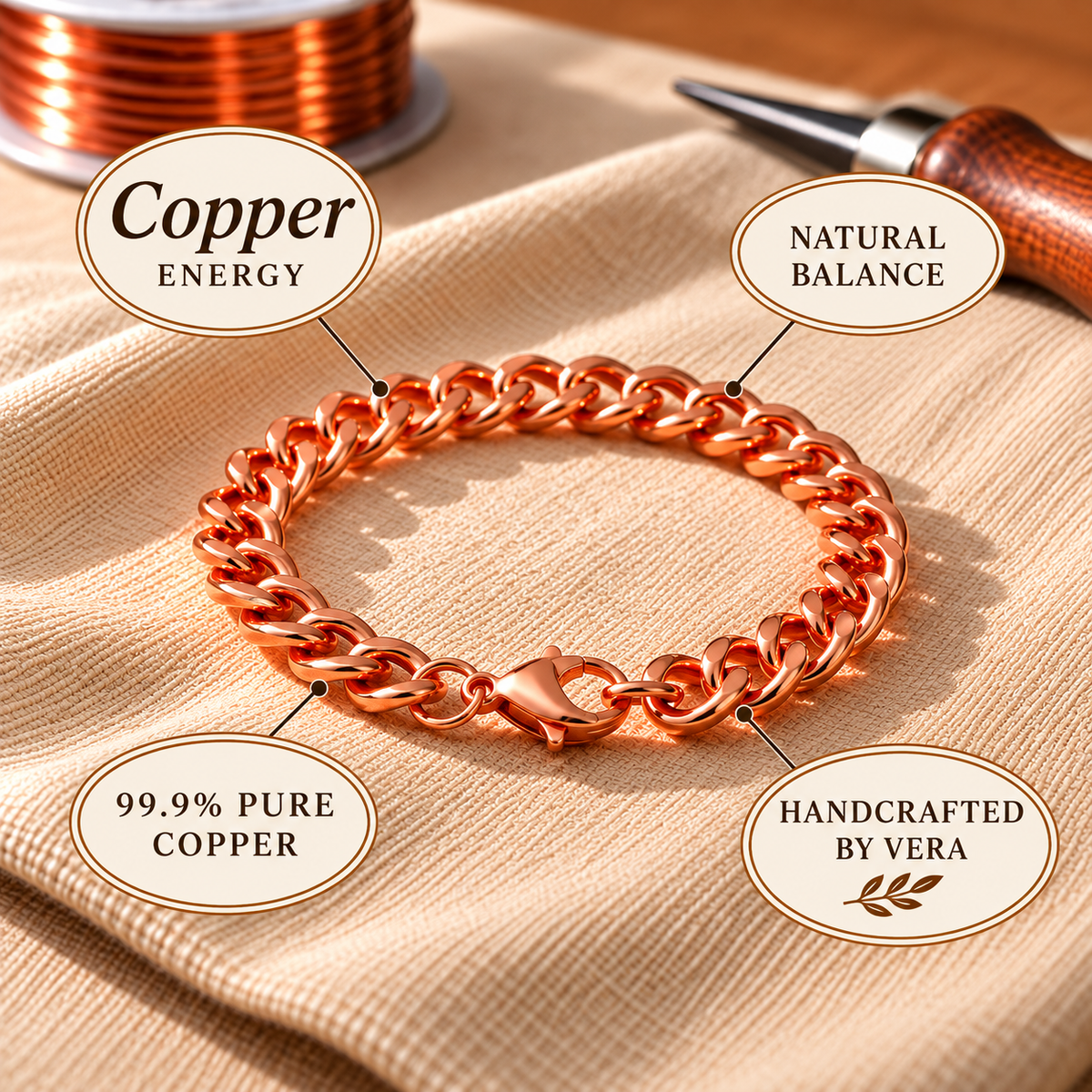 Bracelet manchette homme en cuivre pur Cuffo